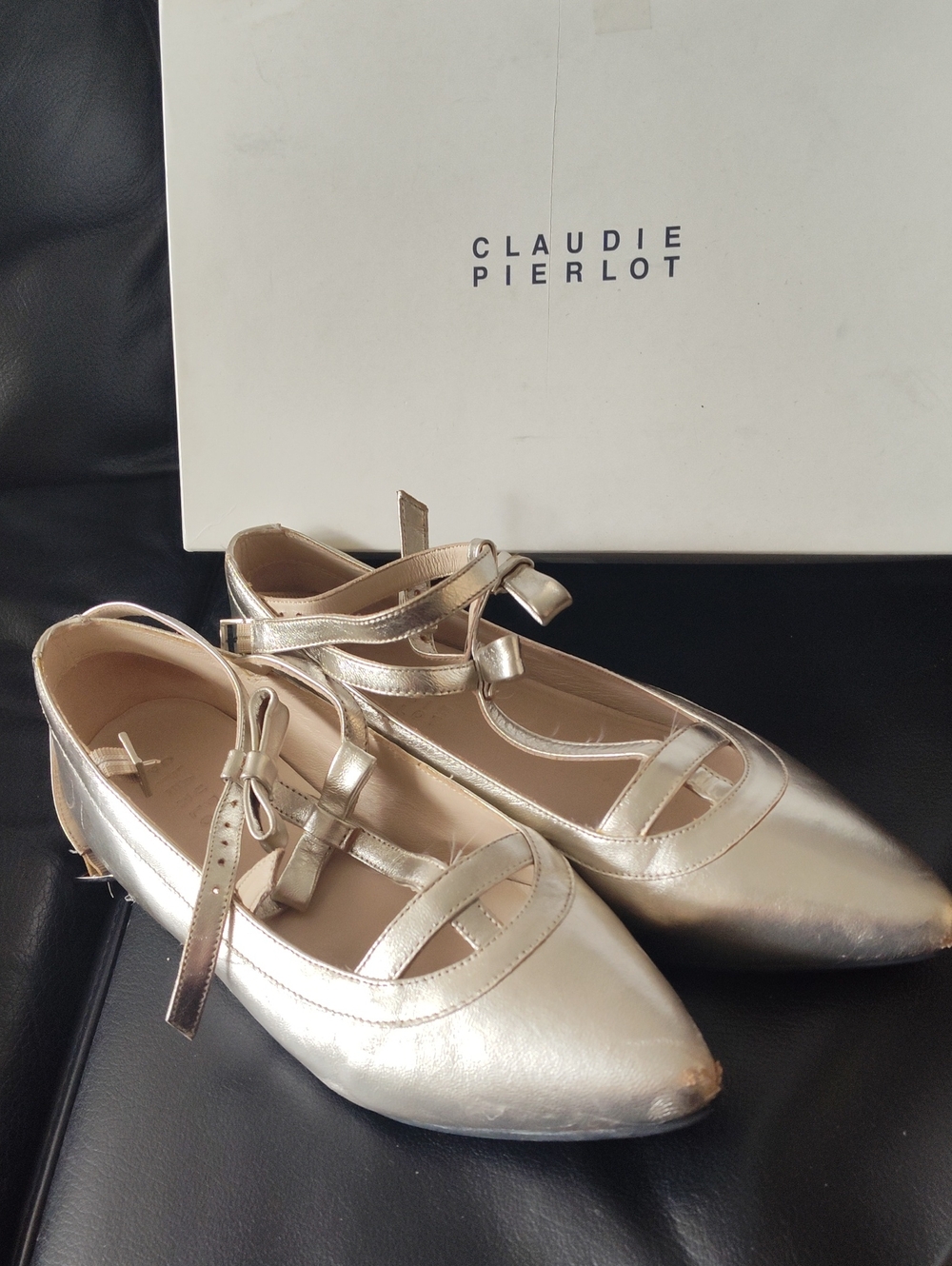 Claudie Pierlot Metallic Ballet Flats with Ankle Straps - Silver